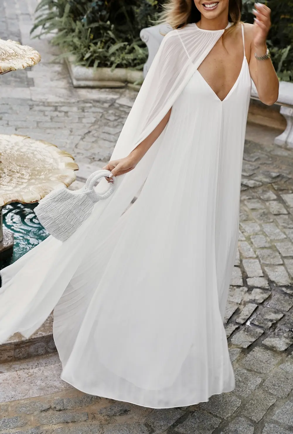 Pleated Cape Detail Maxi Dress White