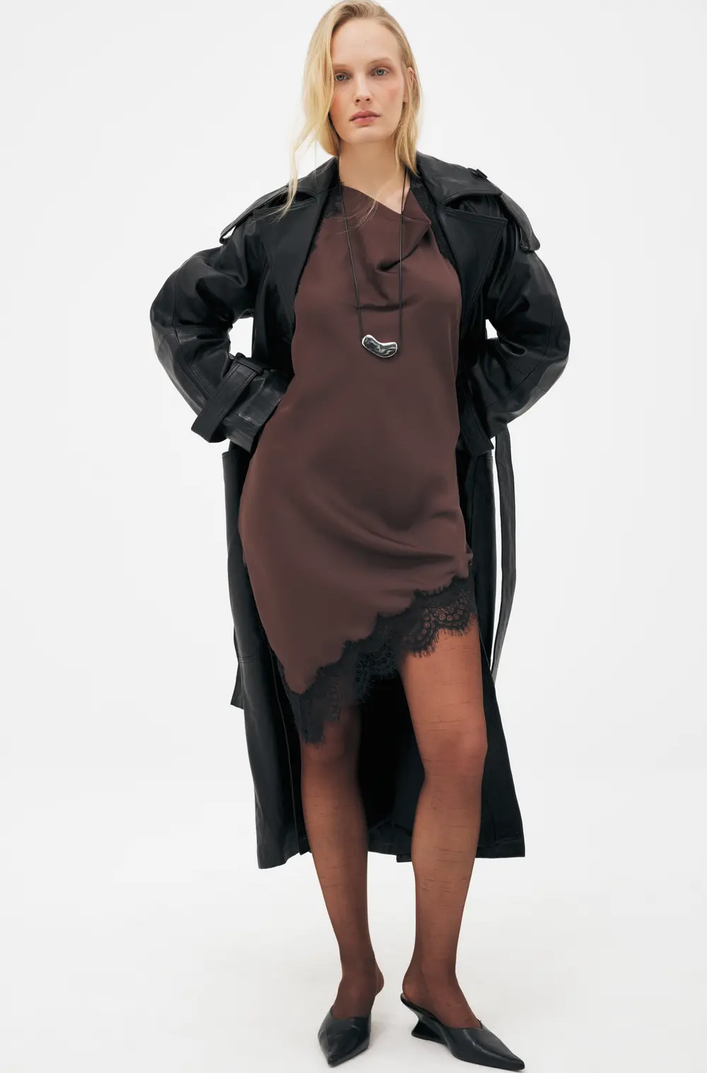 Lace Detail Halterneck Dress Brown