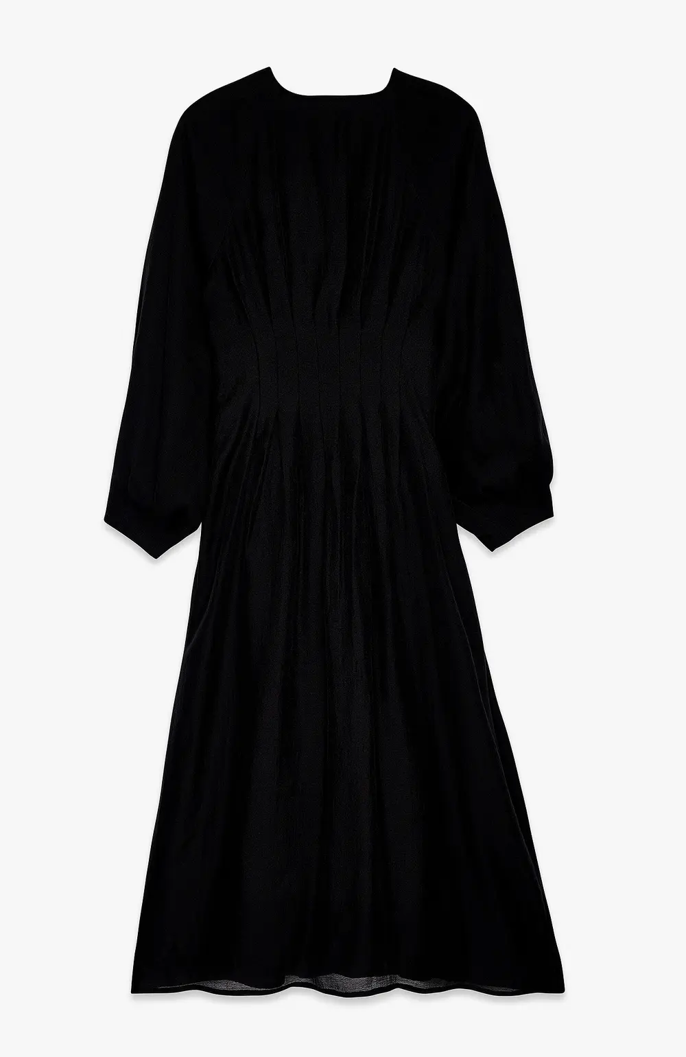 Pleated Waist V Neck Midi Dress Black