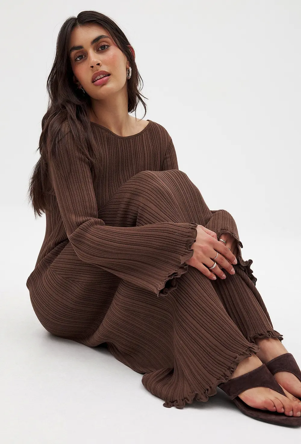 Knitted Round Neck Frill Maxi Dress Brown