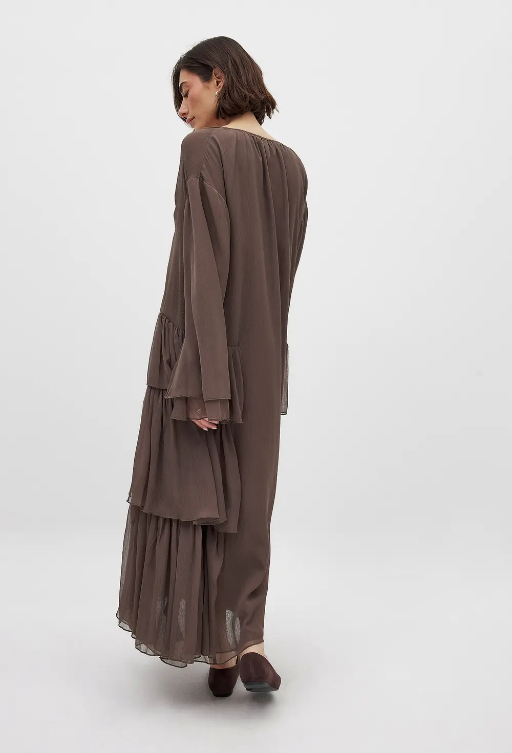 Chiffon Ruffle Long Sleeve Kaftan Brown