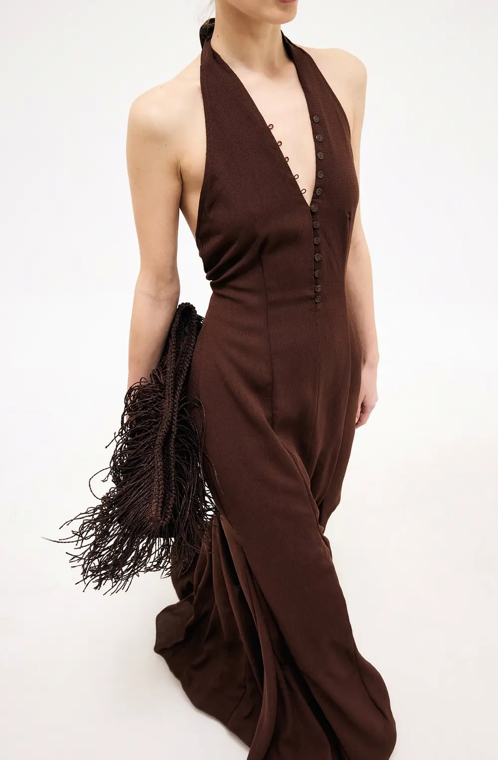Halterneck Button Front Maxi Dress Brown
