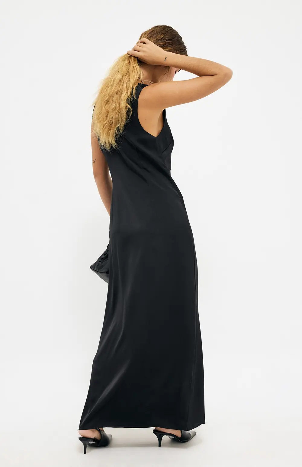 Scooped Neck Satin Maxi Dress Black