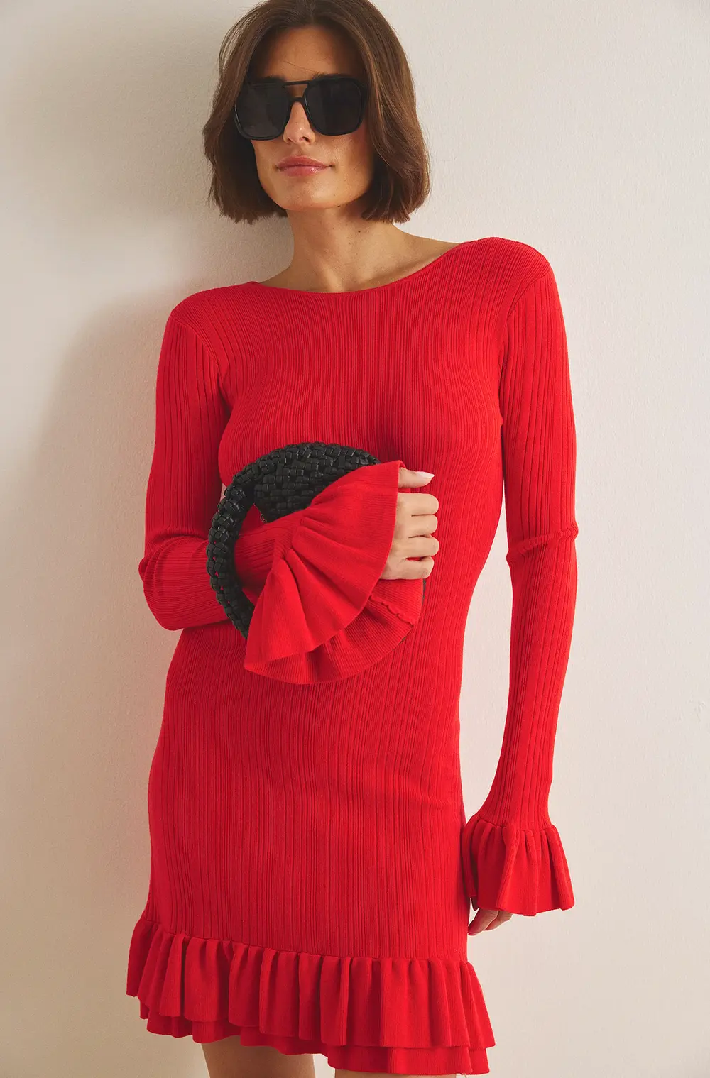 Knitted Frill Detail Mini Dress Red