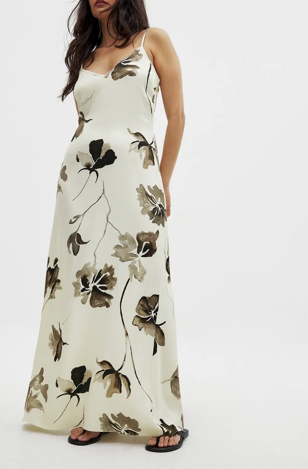Printed Satin Maxi Slip Dress Offwhite