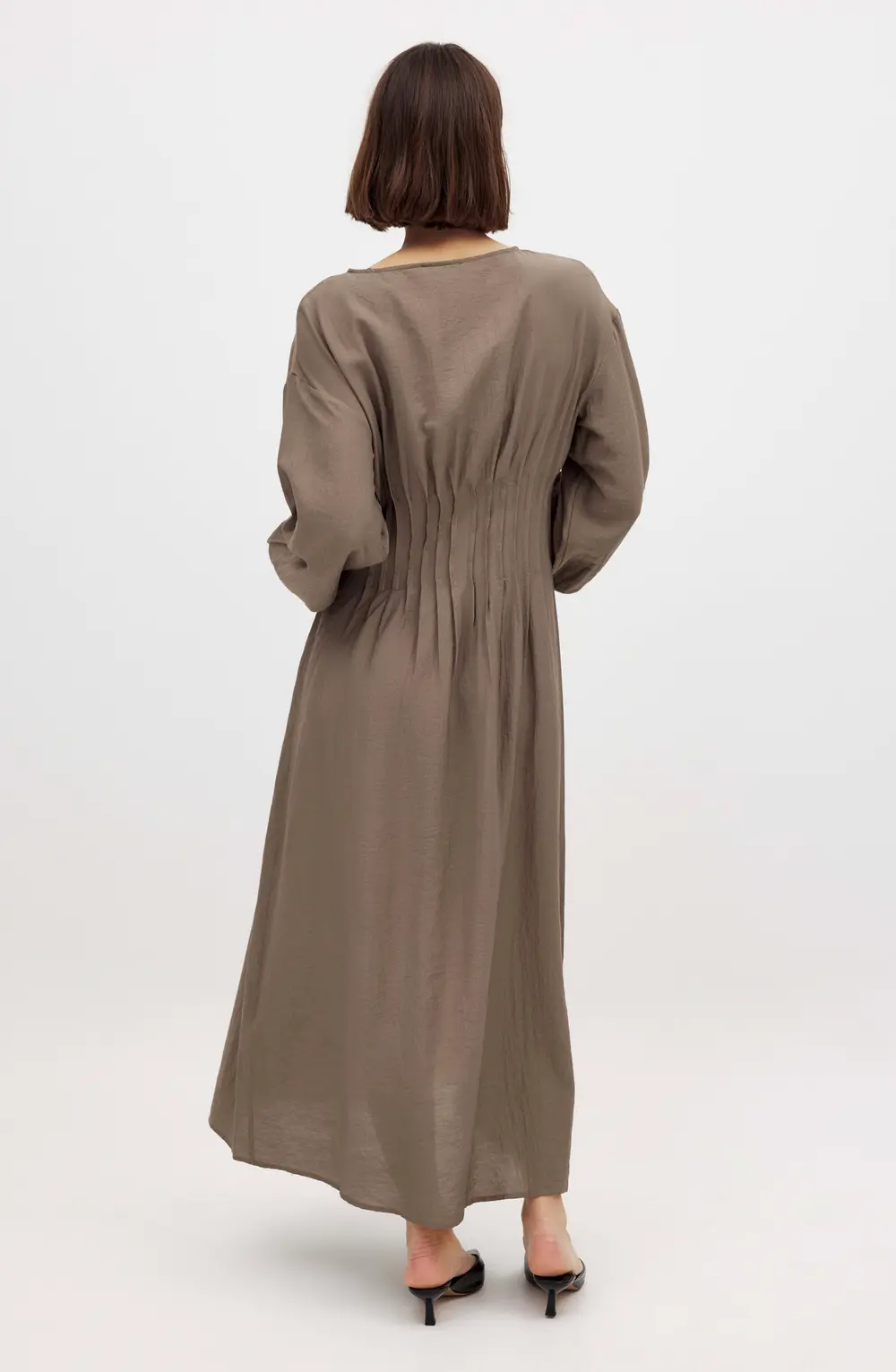 Long Sleeve Pleated Midi Dress Brown