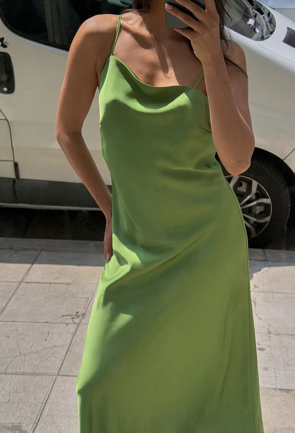 Satin Asymmetric Back Midi Dress Green