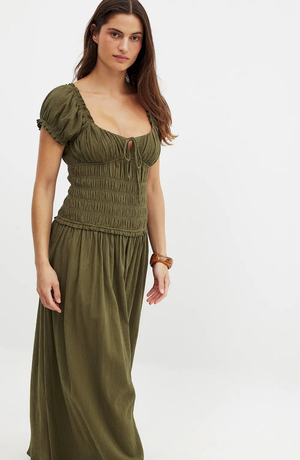 Smocked Short Sleeve Maxi Dress Green