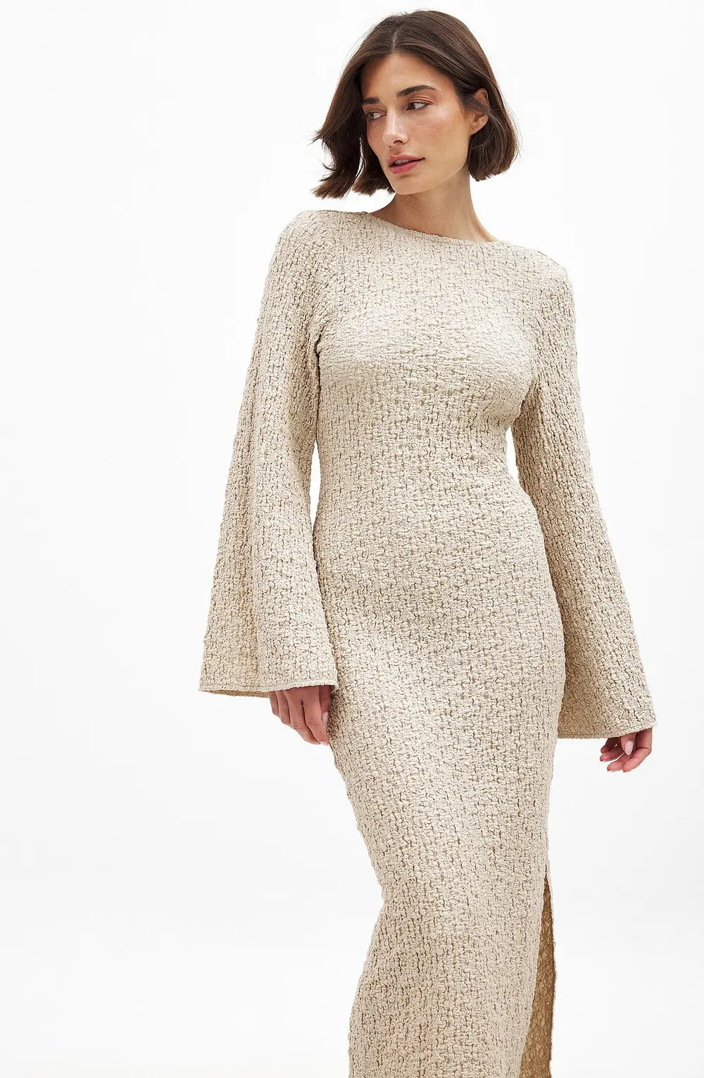 Structured Open Back Midi Dress Beige