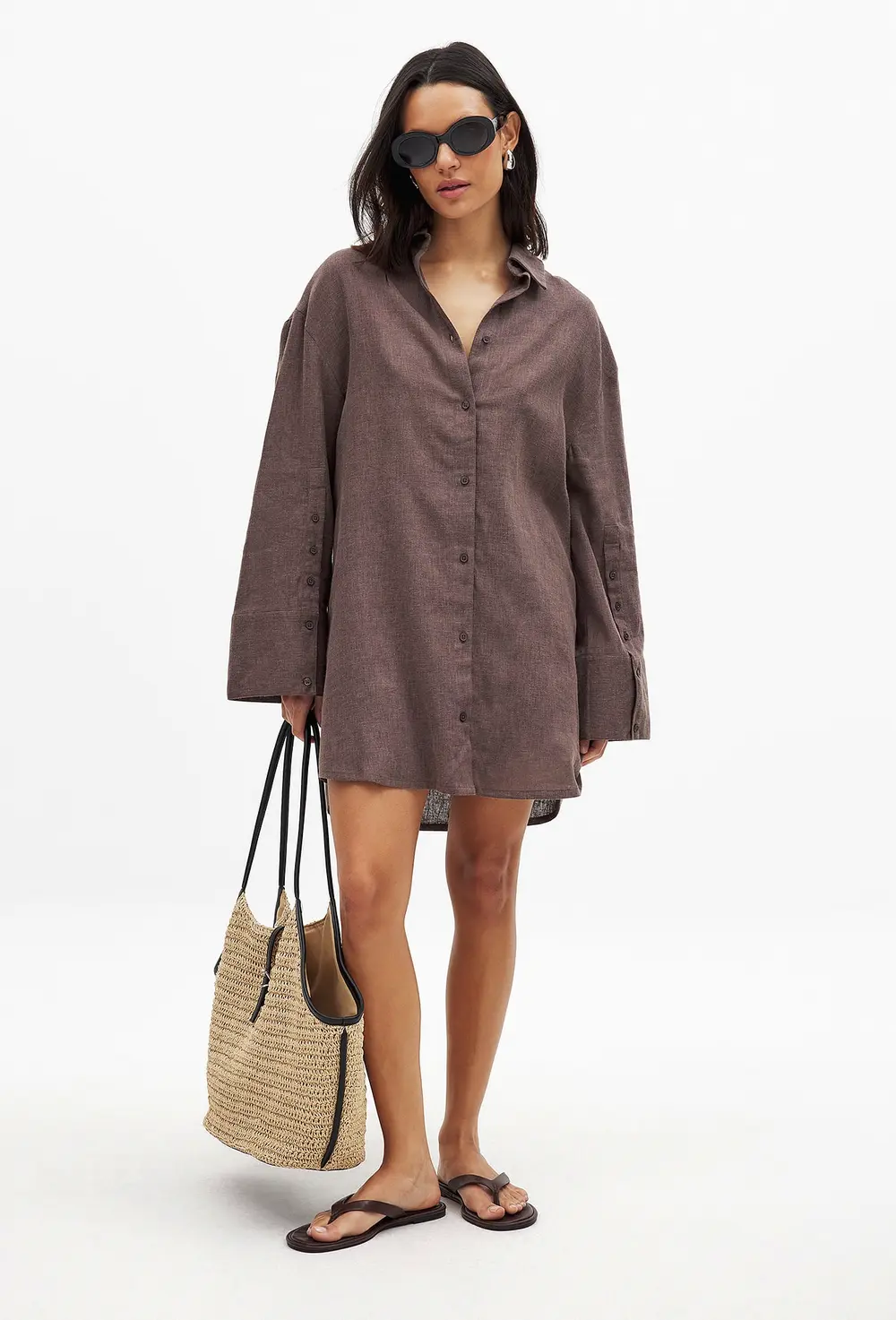 Linen Blend Mini Shirt Dress Brown