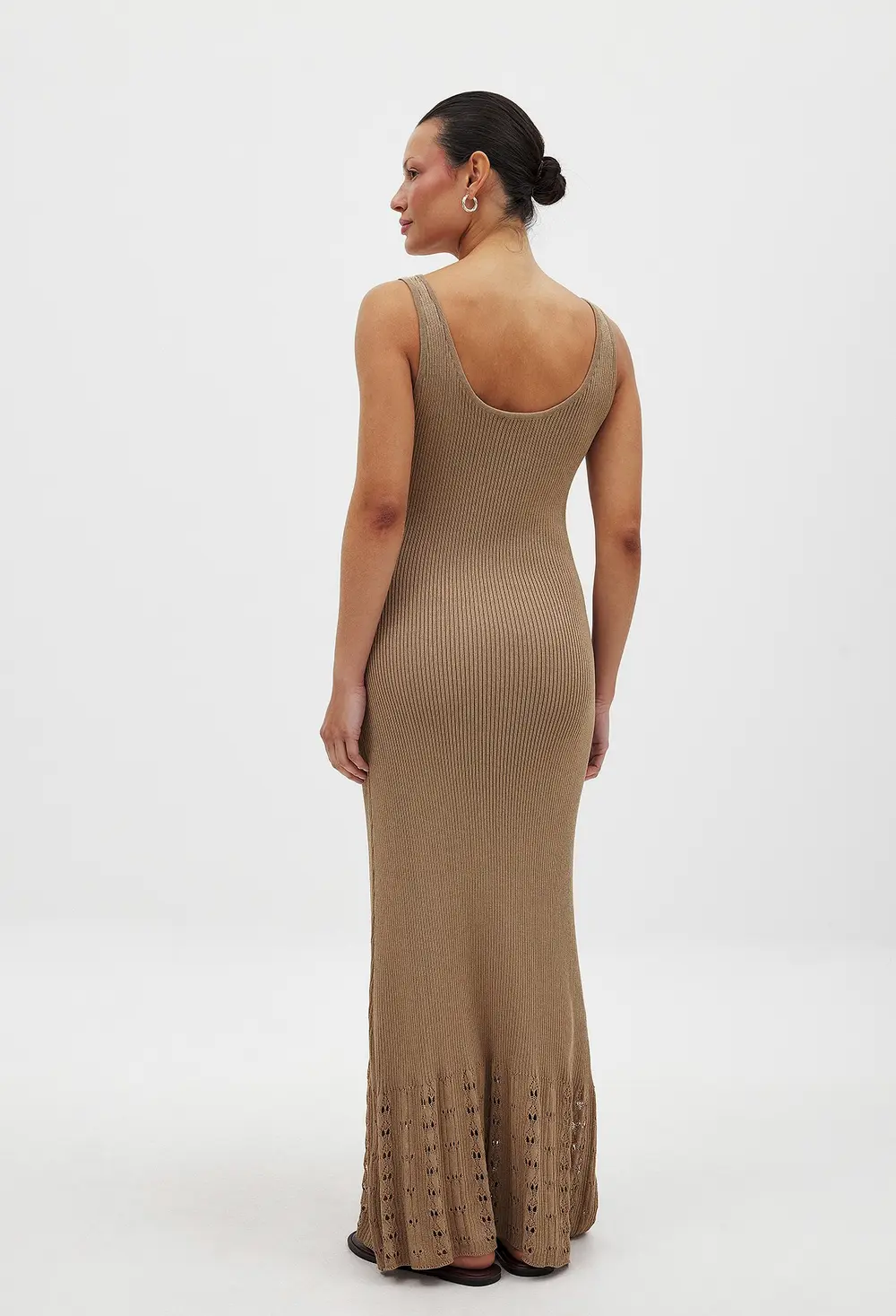 Knitted Scoop Neck Crochet Midi Dress Beige