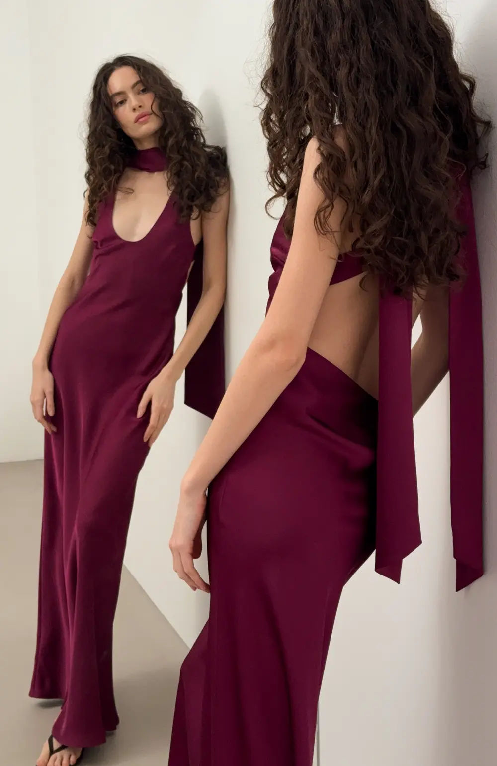 Satin Scoop Neck Scarf Maxi Dress Pink