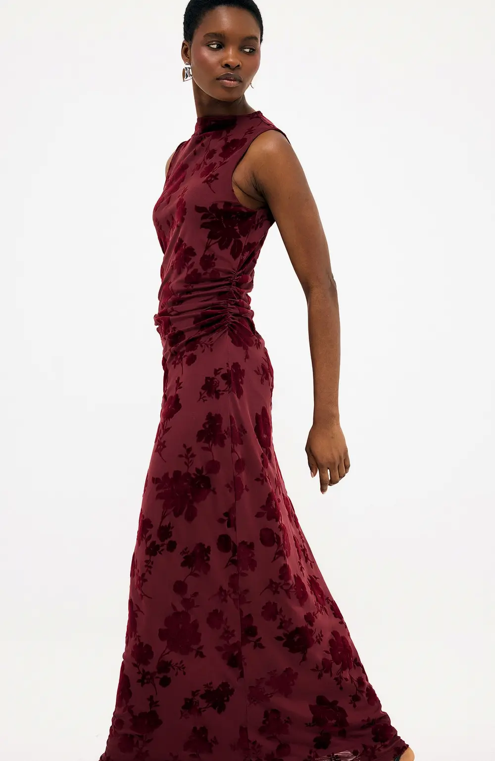 Burn Out Funnel Neck Maxi Dress Burgundy