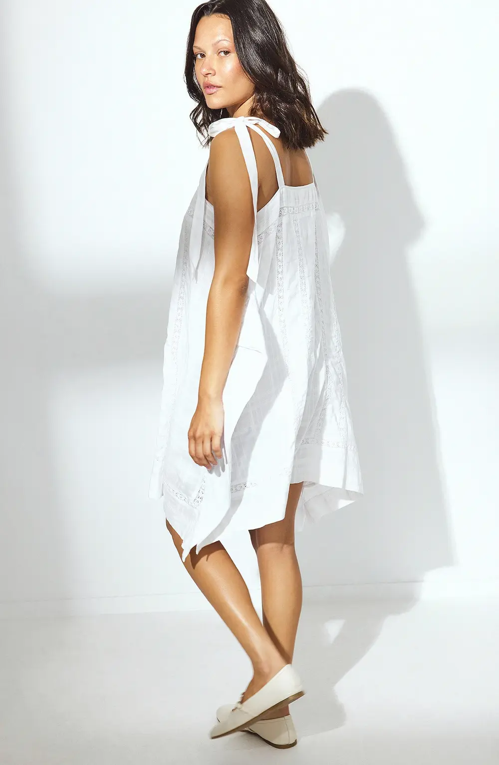 Lace Insert Tie Shoulder Mini Dress White