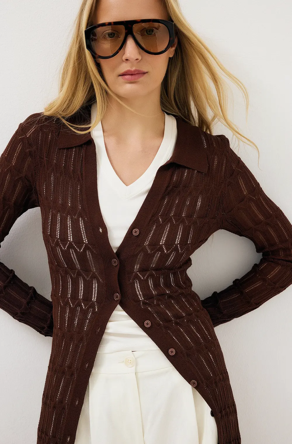 Knitted Pointelle Cardigan Maxi Dress Brown