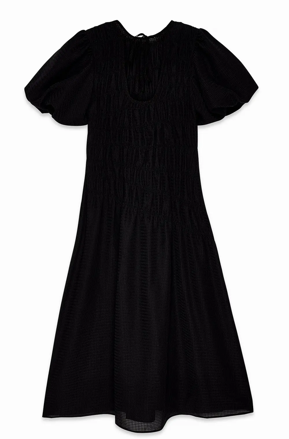 Smock Detail Puff Sleeve Midi Dress Black