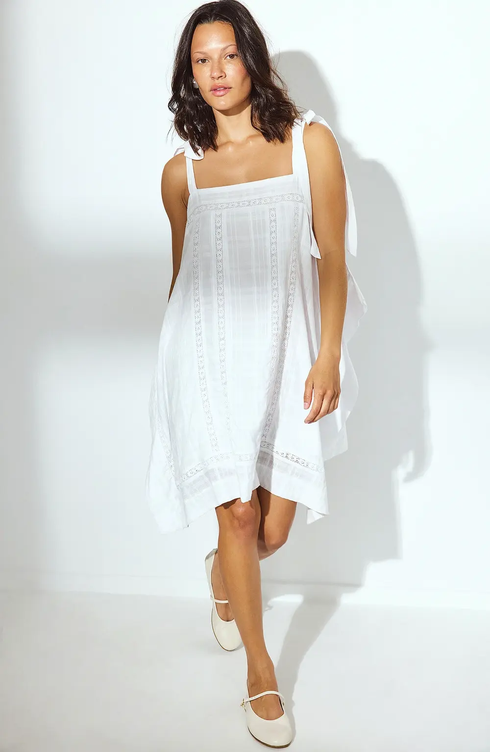 Lace Insert Tie Shoulder Mini Dress White