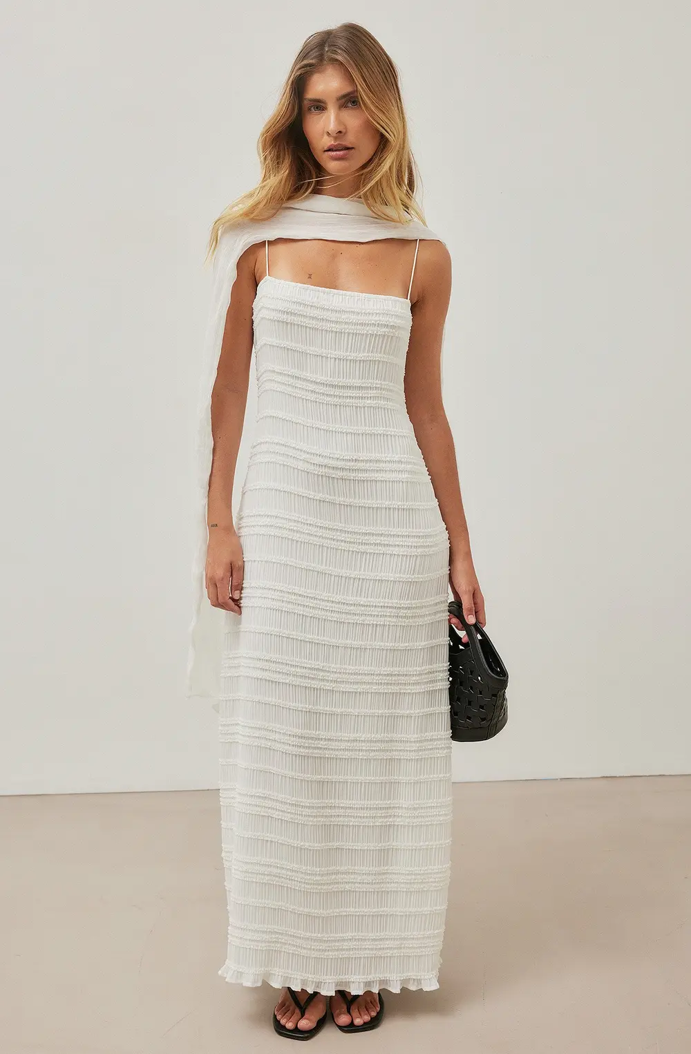 Smocked Ruffle Maxi Dress White