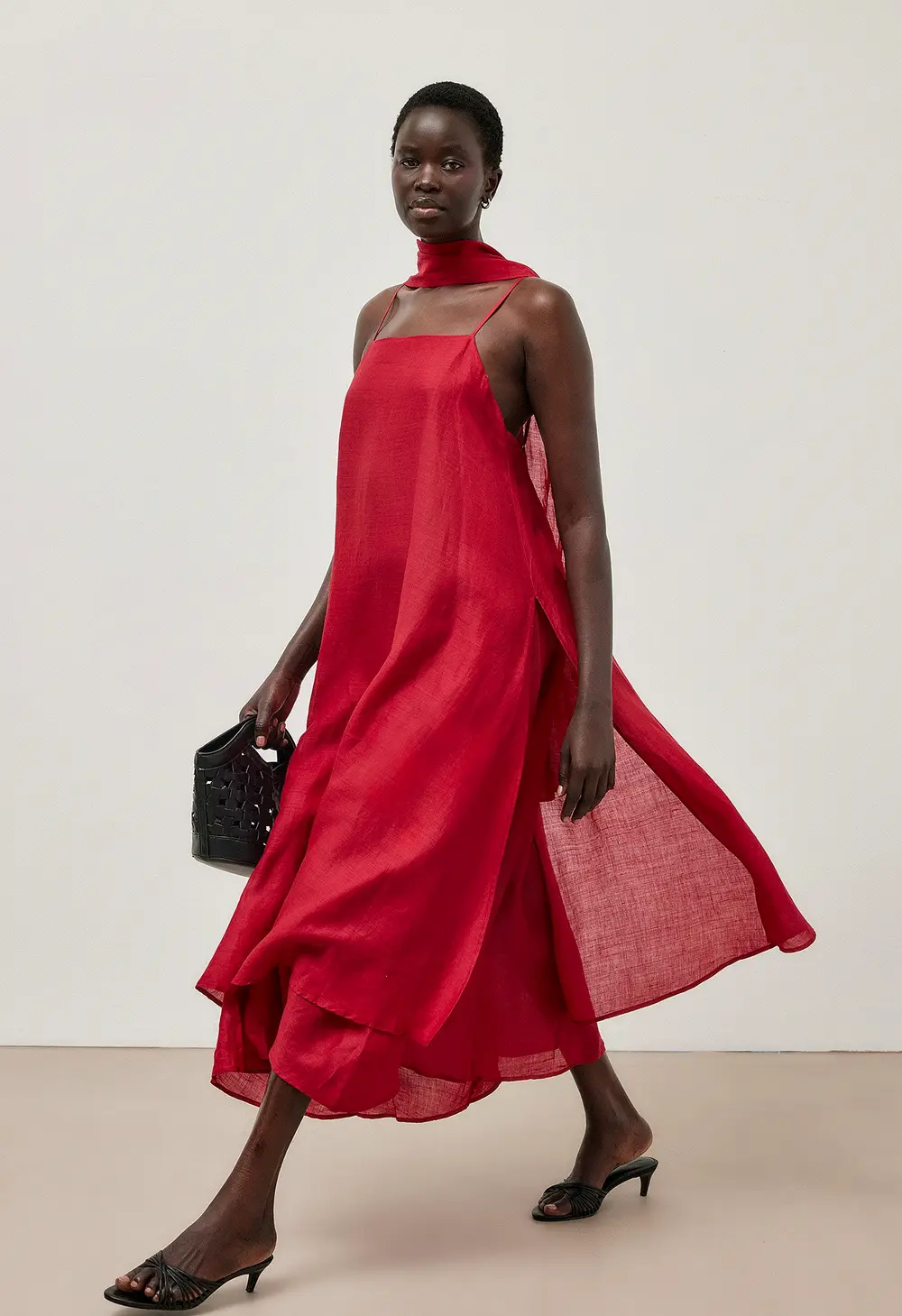Ramie Scarf Detail Midi Dress Red