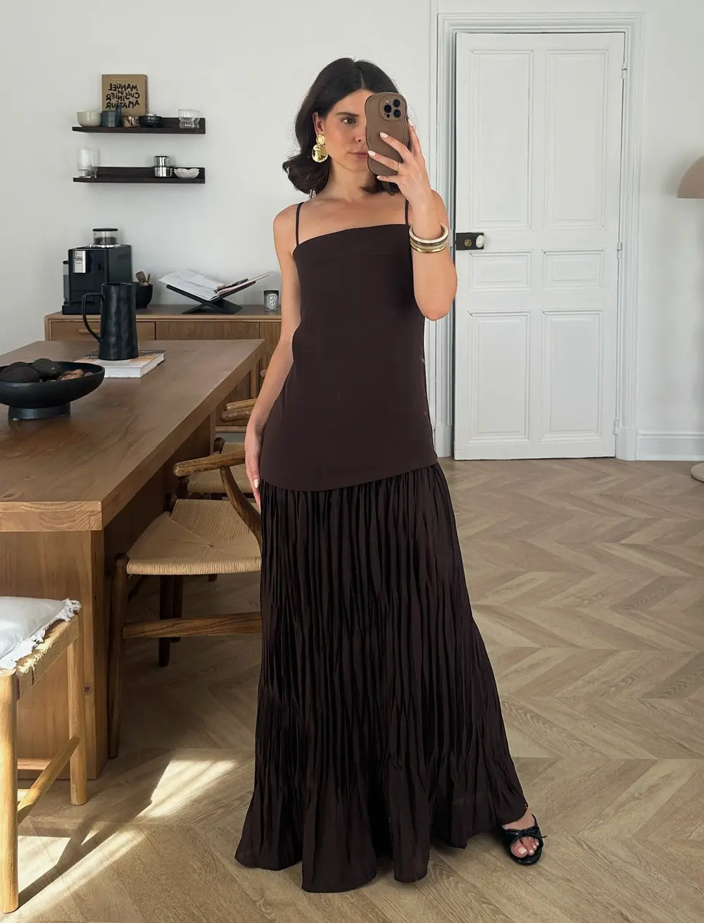 Sheer Plisse Skirt Slip Dress Brown