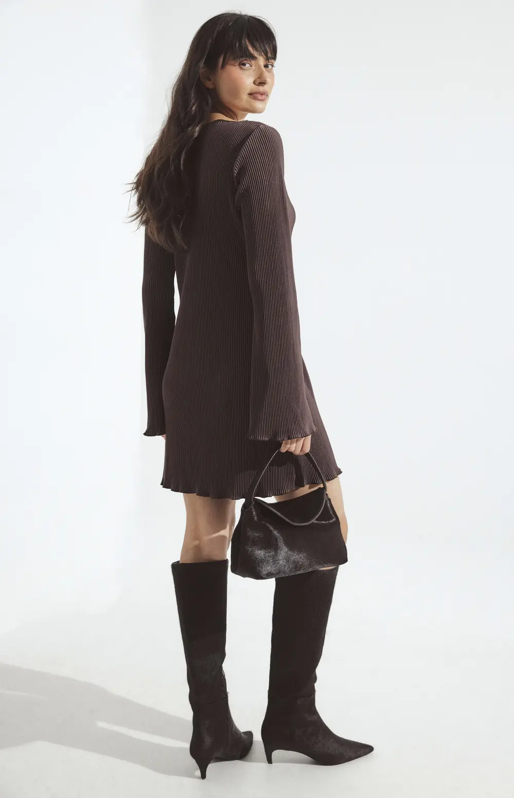 Pleated Mini Dress Brown