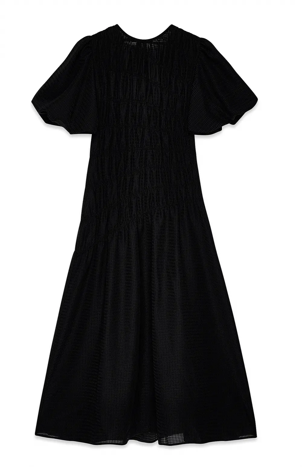 Smock Detail Puff Sleeve Midi Dress Black