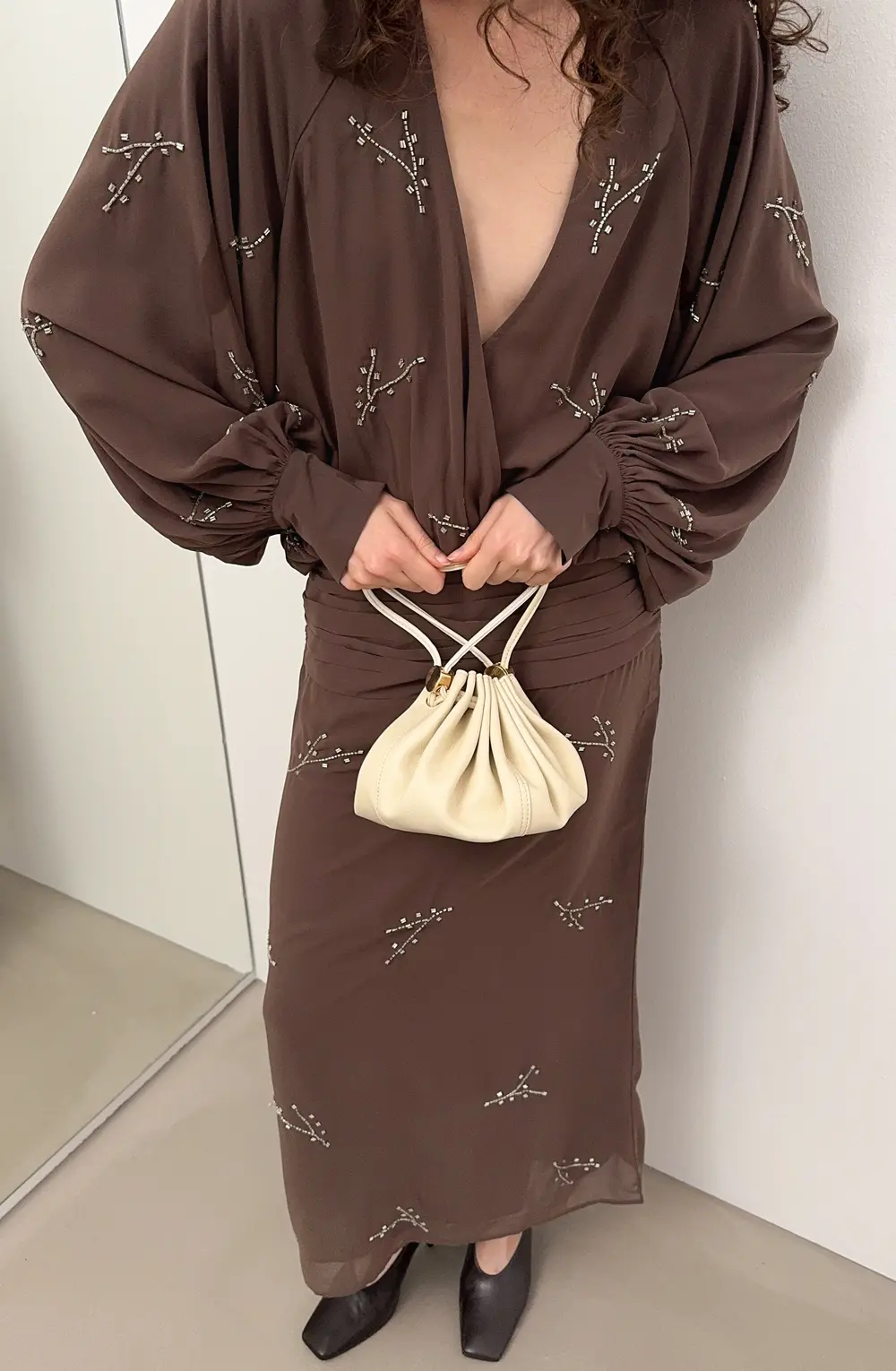 Rhinestone Long Sleeve Midi Dress Brown