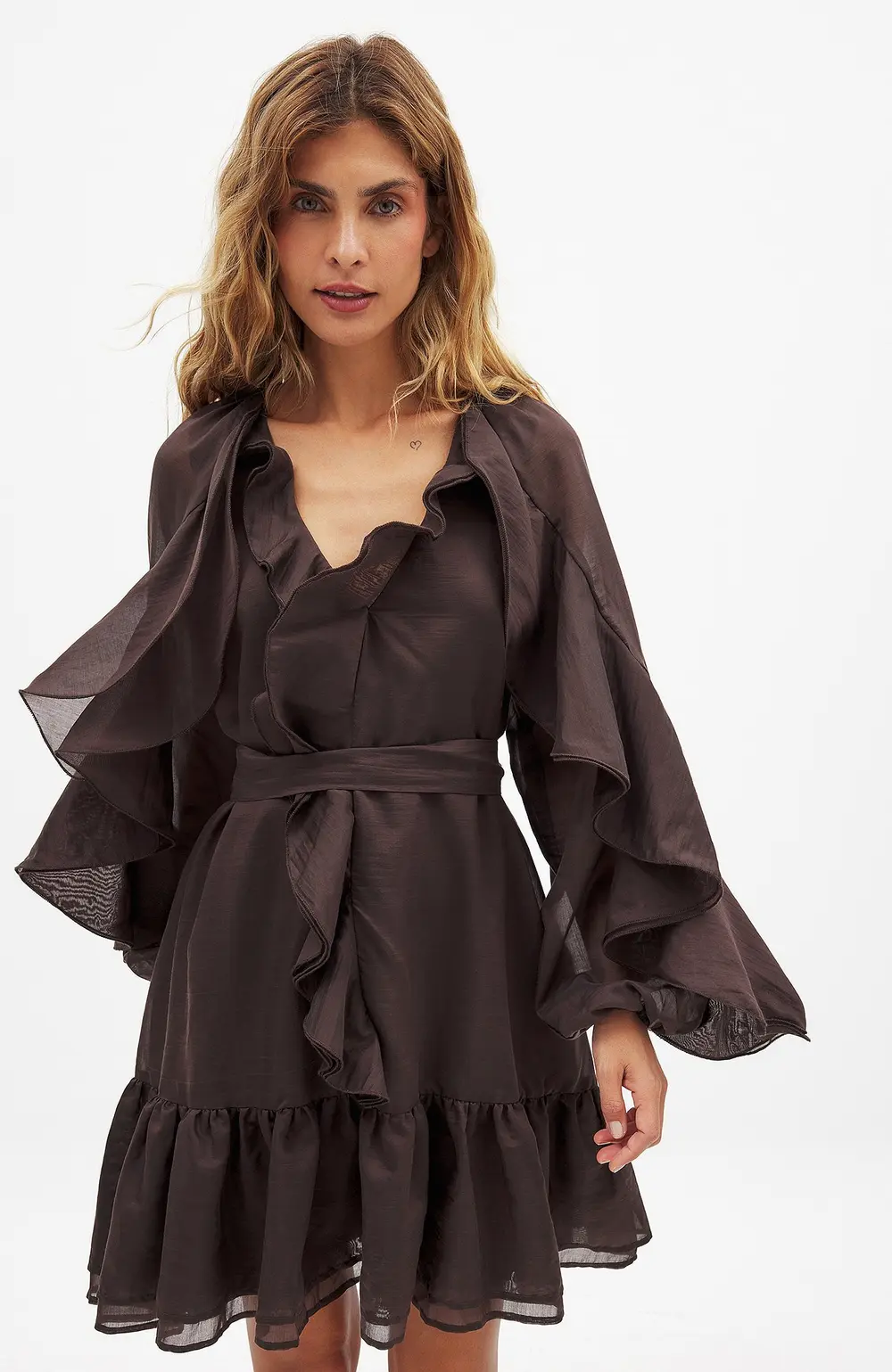 Long Sleeve Ruffle Mini Dress Brown
