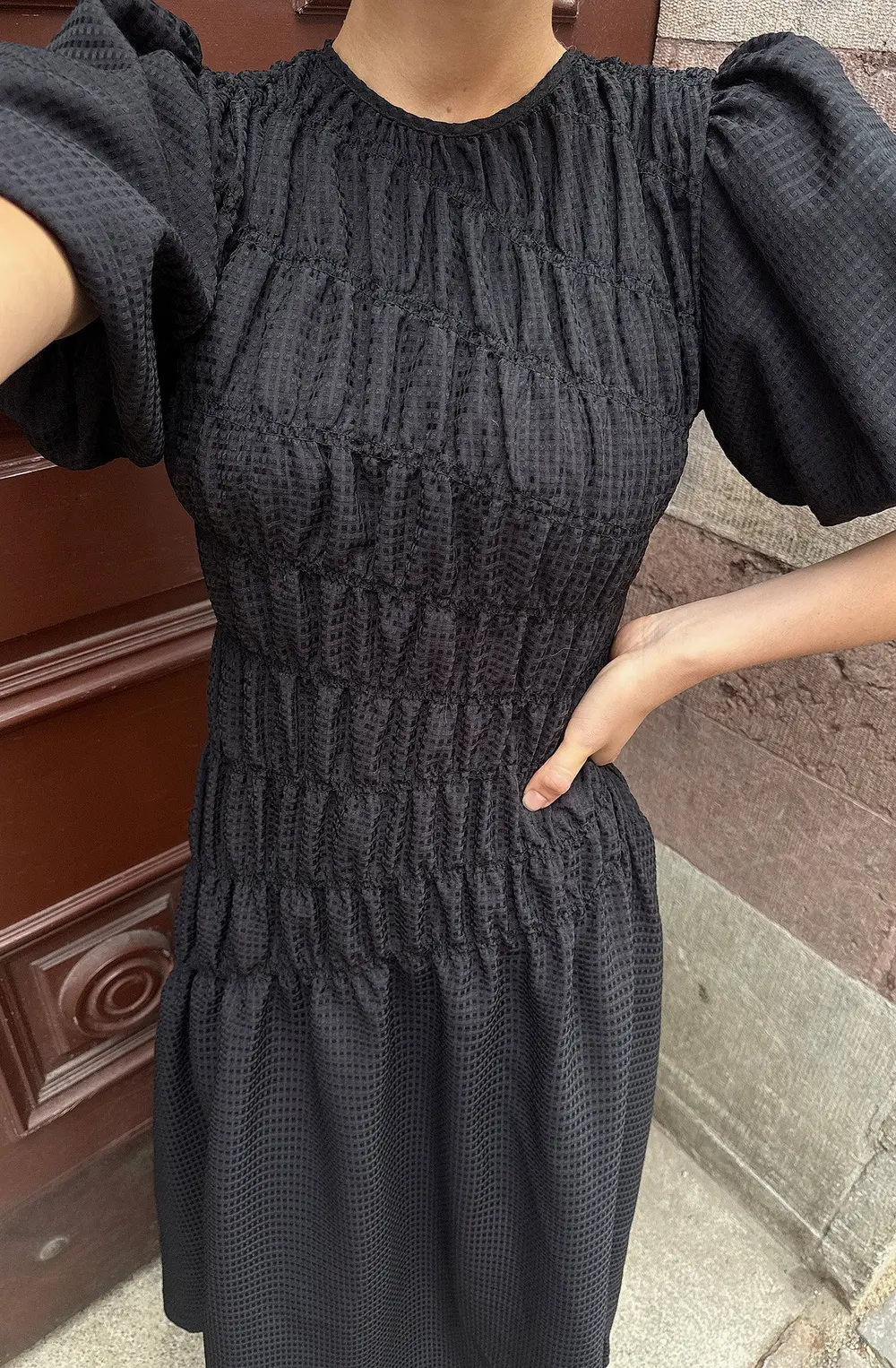 Smock Detail Puff Sleeve Midi Dress Black