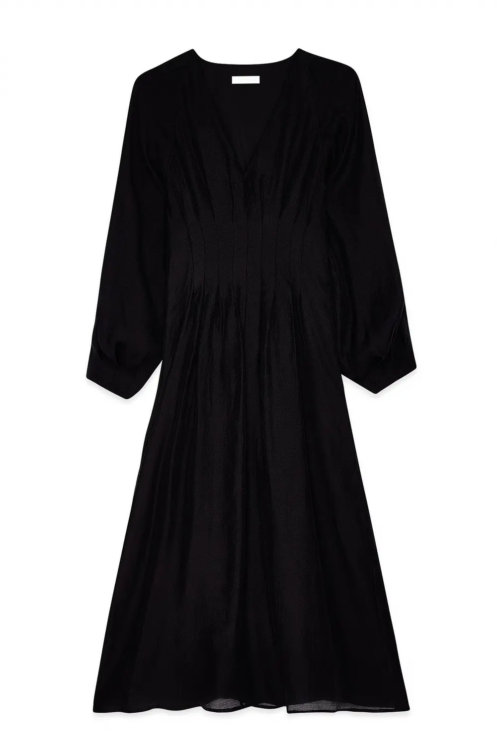Pleated Waist V Neck Midi Dress Black