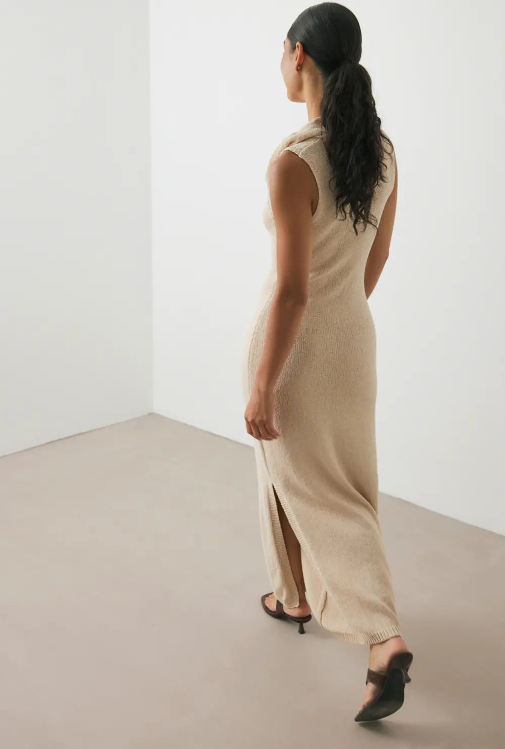 Knitted Waterfall Maxi Dress Beige