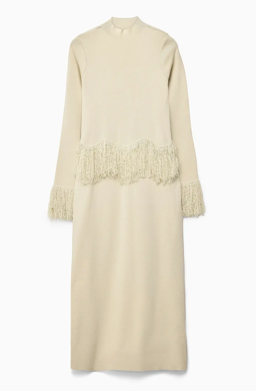 Fringe Detail Knitted Midi Dress Beige