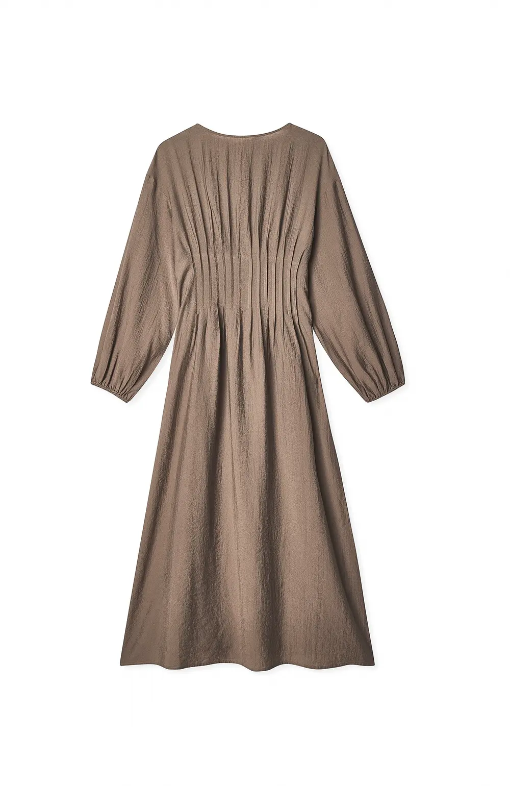Long Sleeve Pleated Midi Dress Brown