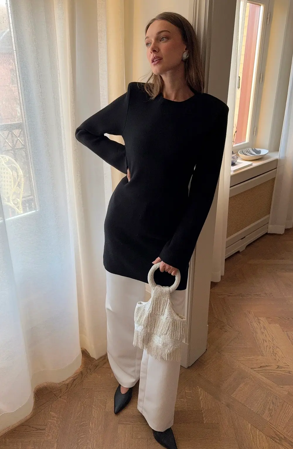 Knitted Padded Shoulder Mini Dress Black
