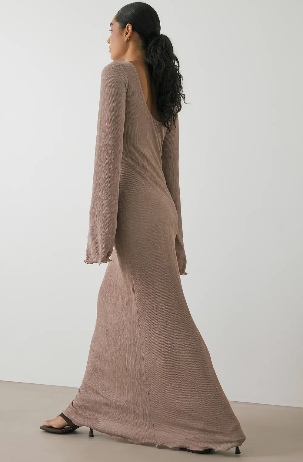 Deep Back Pleated Dress Brown