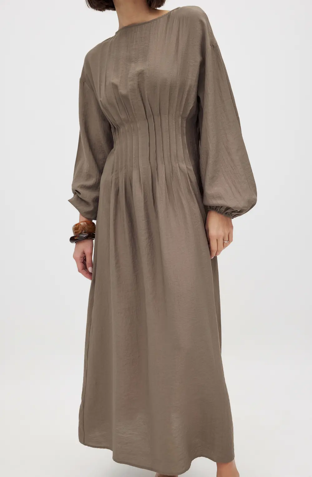 Long Sleeve Pleated Midi Dress Brown
