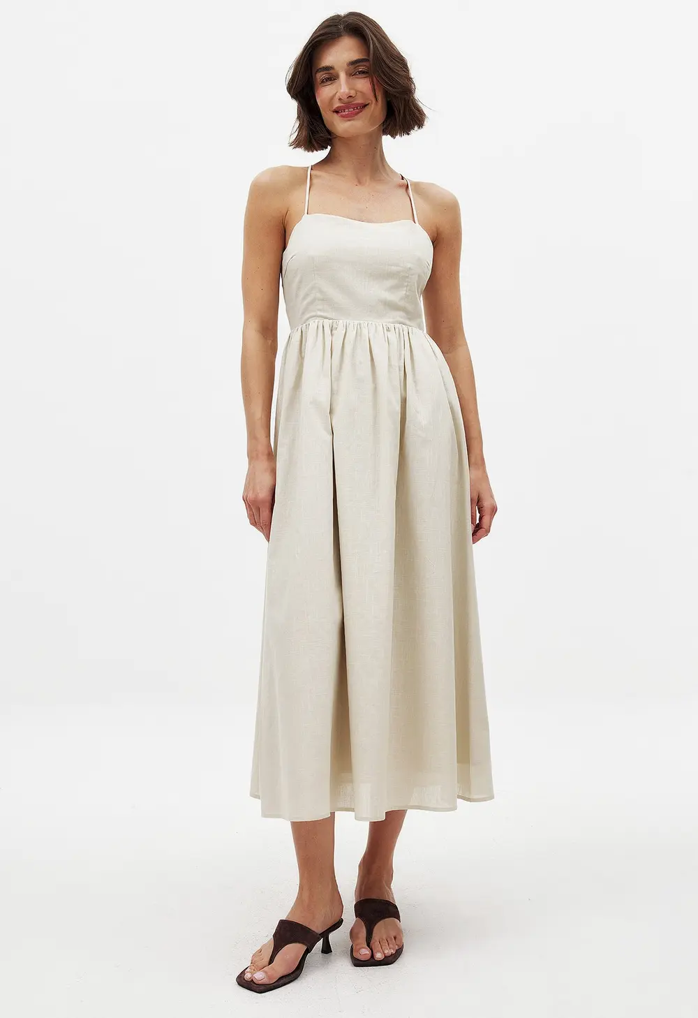 Open Back Tie Detail Midi Dress Beige