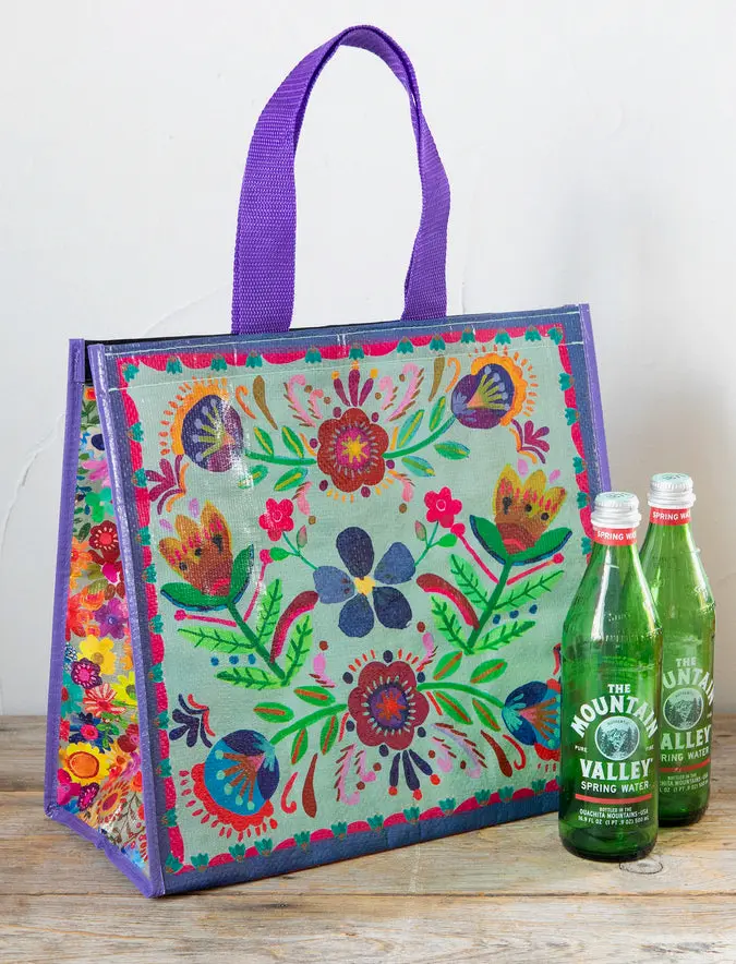 Insulated Cooler Tote - Dusty Blue Folk Flower