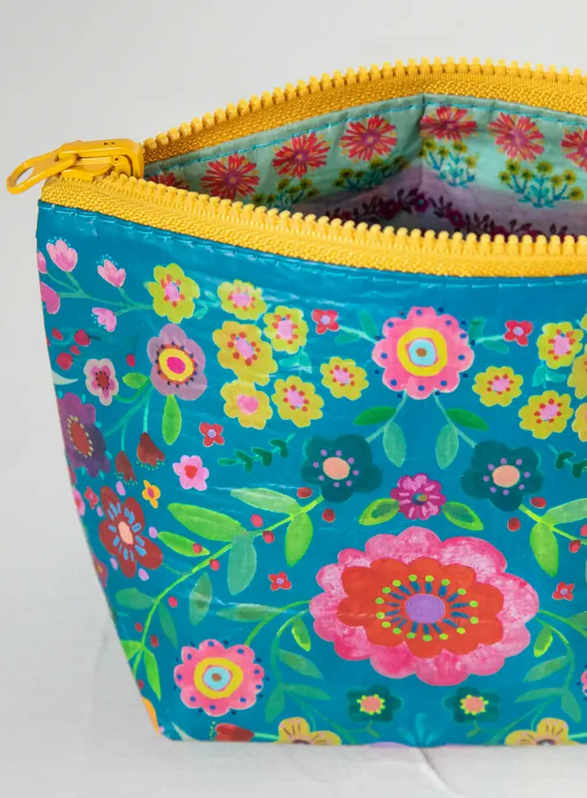 Small Recycled Reversible Zipper Pouch - Turquoise Folk Flower