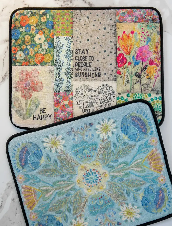 Reversible Dish Drying Mat - Dusty Blue Folk Flower