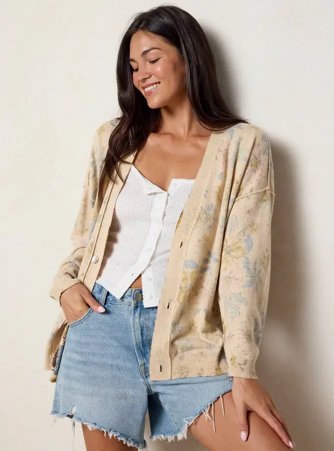 Live Happy Cardigan Sweater - Dahlia Flora Ivory