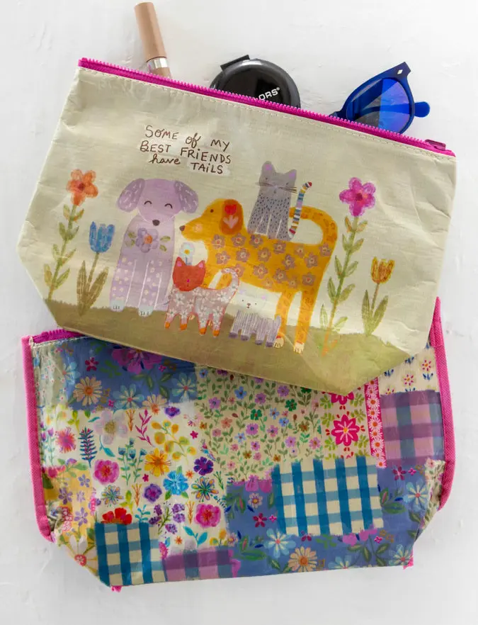Recycled Reversible Zipper Pouch - Best Friends Have Tails