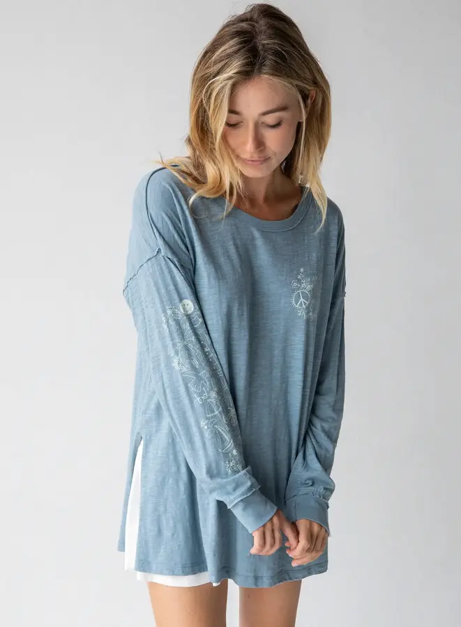 Oversized Cotton Doodle Tee - Light Blue