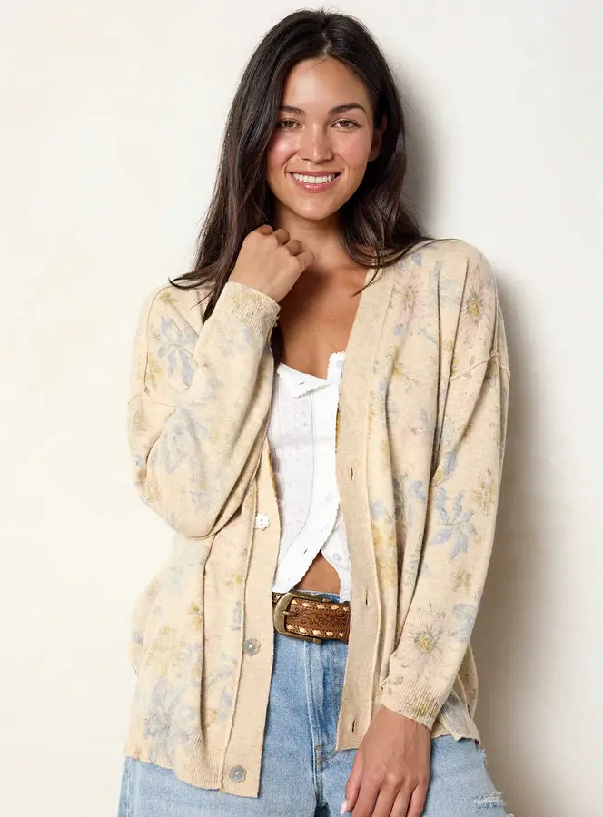 Live Happy Cardigan Sweater - Dahlia Flora Ivory