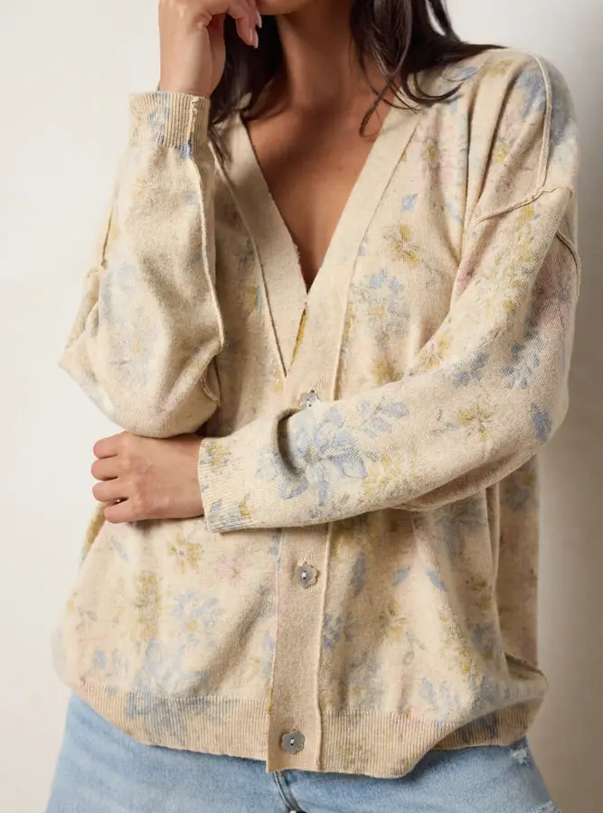 Live Happy Cardigan Sweater - Dahlia Flora Ivory