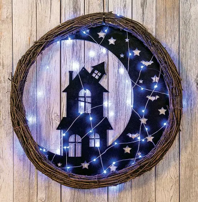 Lit Haunted House Wreath