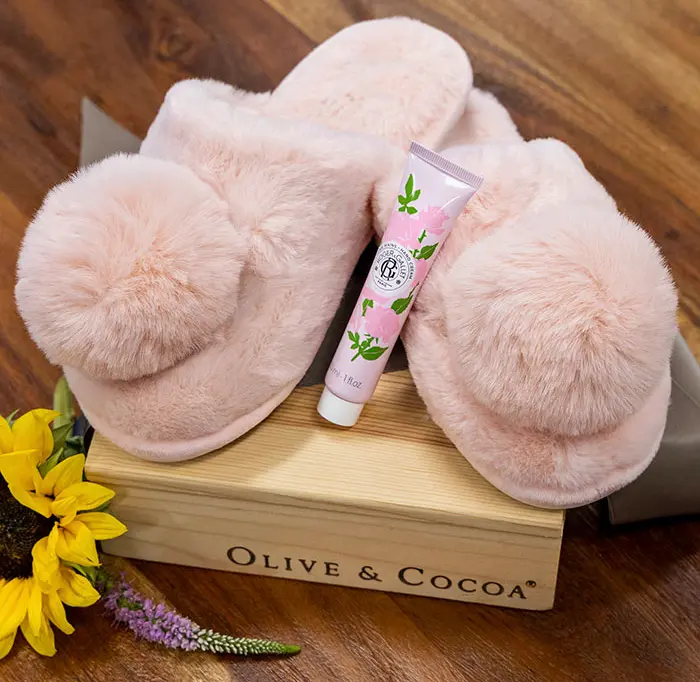 Pink Pom Slippers & Lotion