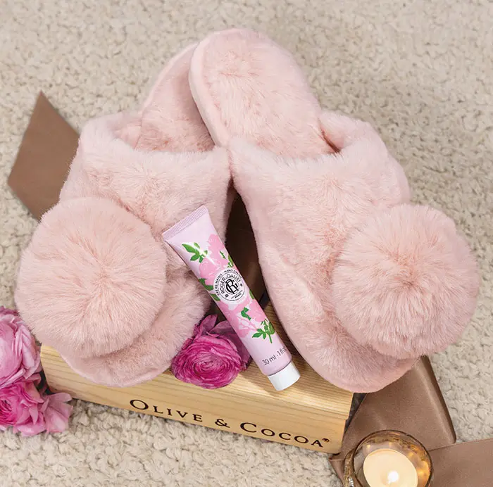 Pink Pom Slippers & Lotion