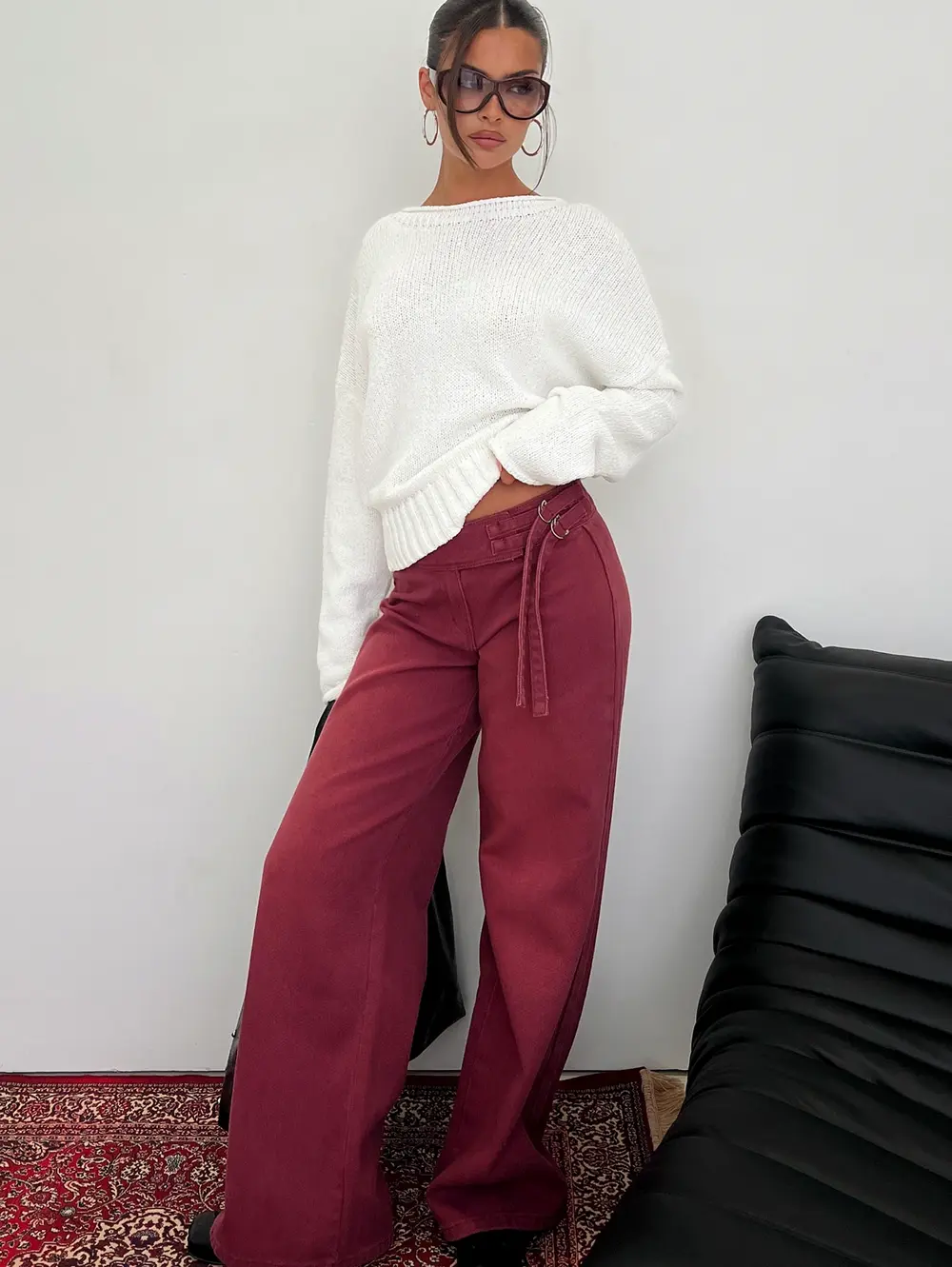Boxie Mid Rise Wide Leg Jeans Washed Burgundy