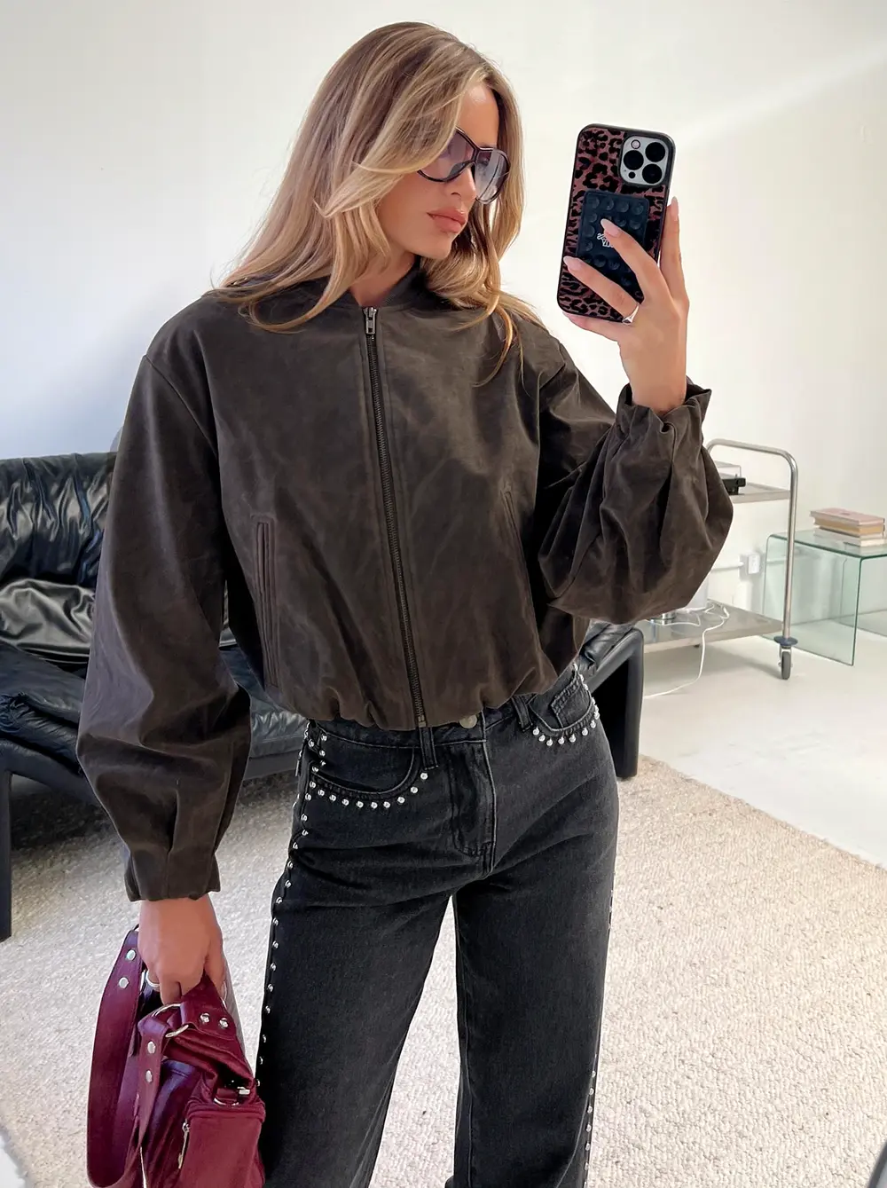 Mastery Faux Suede Bomber Jacket Charcoal